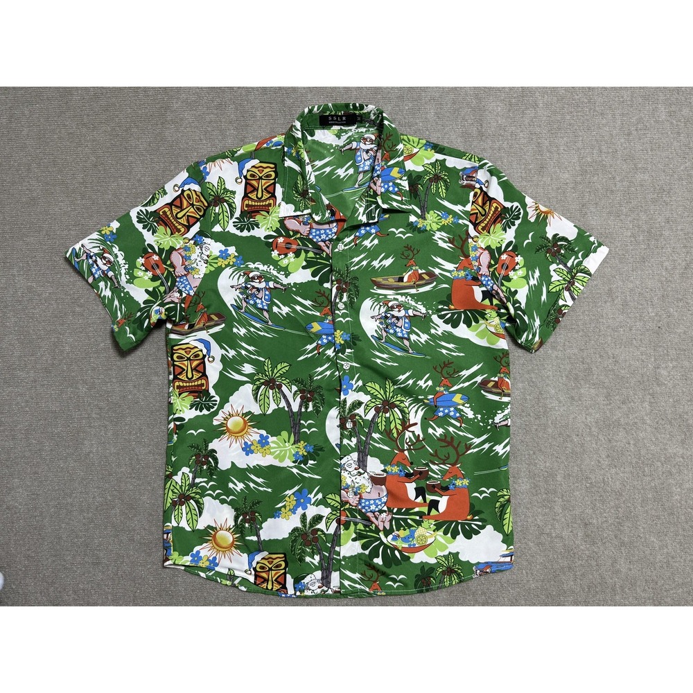 SSLR Shirt Mens Medium Christmas Hawaiian Santa Reindeer Surfing‎ Tiki Festive